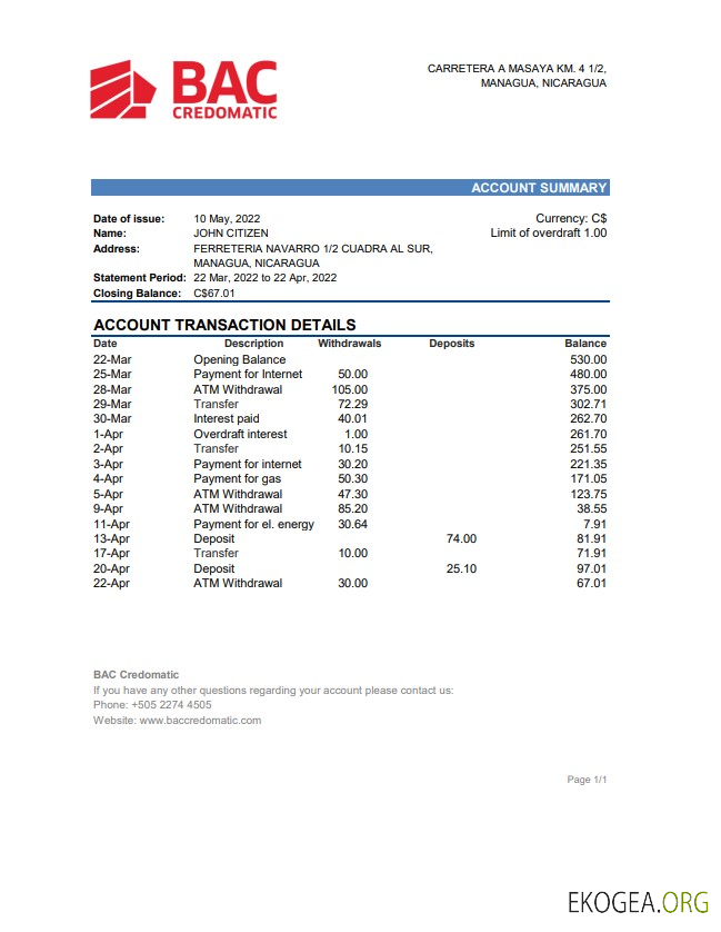 Relevé bancaire Nicaragua BAC Credomatic